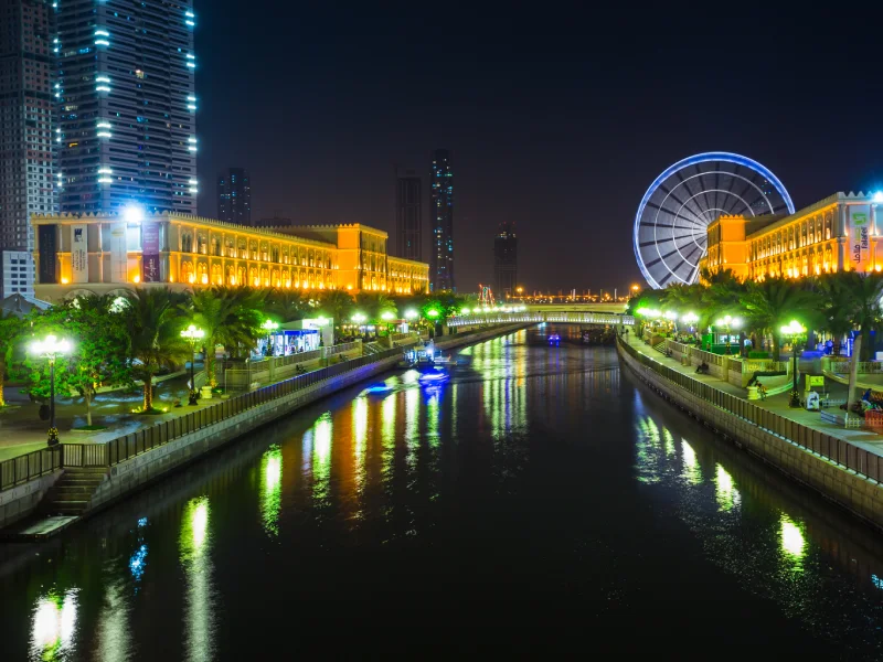 Ruota panoramica ad Al Qasba - Shajah durante il fistivale dei luci, Sharjah Emirati Arabi Uniti Ruota panoramica ad Al Qasba - Shajah durante il fistivale dei luci, Sharjah Emirati Arabi Uniti